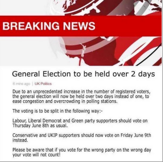 An altered screengrab attempted to encourage Conservative and UKIP supporters to vote on Friday June 9, after polls would have closed