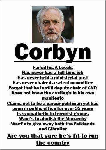 Image taken by a post of the Facebook page “Anti-EU pro British” of a wanted-style poster of Jeremy Corbyn.