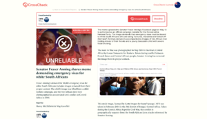 The CrossCheck report about Australian senator Fraser Anning using out-of-context images on a demand ahead of the federal election as it appears on the CrossCheck platform