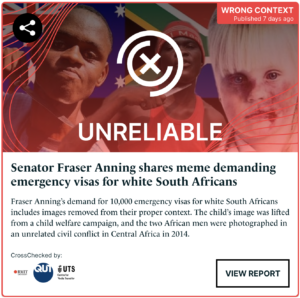 The CrossCheck summary card showing the outcome of a report into Senator Fraser Anning’s use of images from an unrelated event from 2014