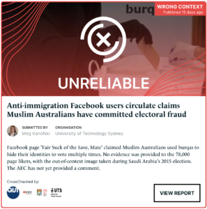 A summary card about a misleading anti-Islam claim made by Facebook page 'Fair Suck of the Save, Mate'