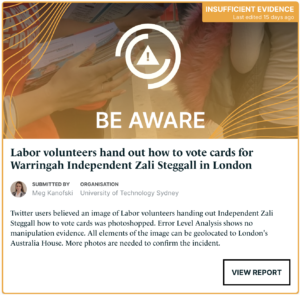 A summary card about an investigation into an image of Labor volunteers handing out cards about Independent Zali Steggall, which Twitter users speculated was photoshopped