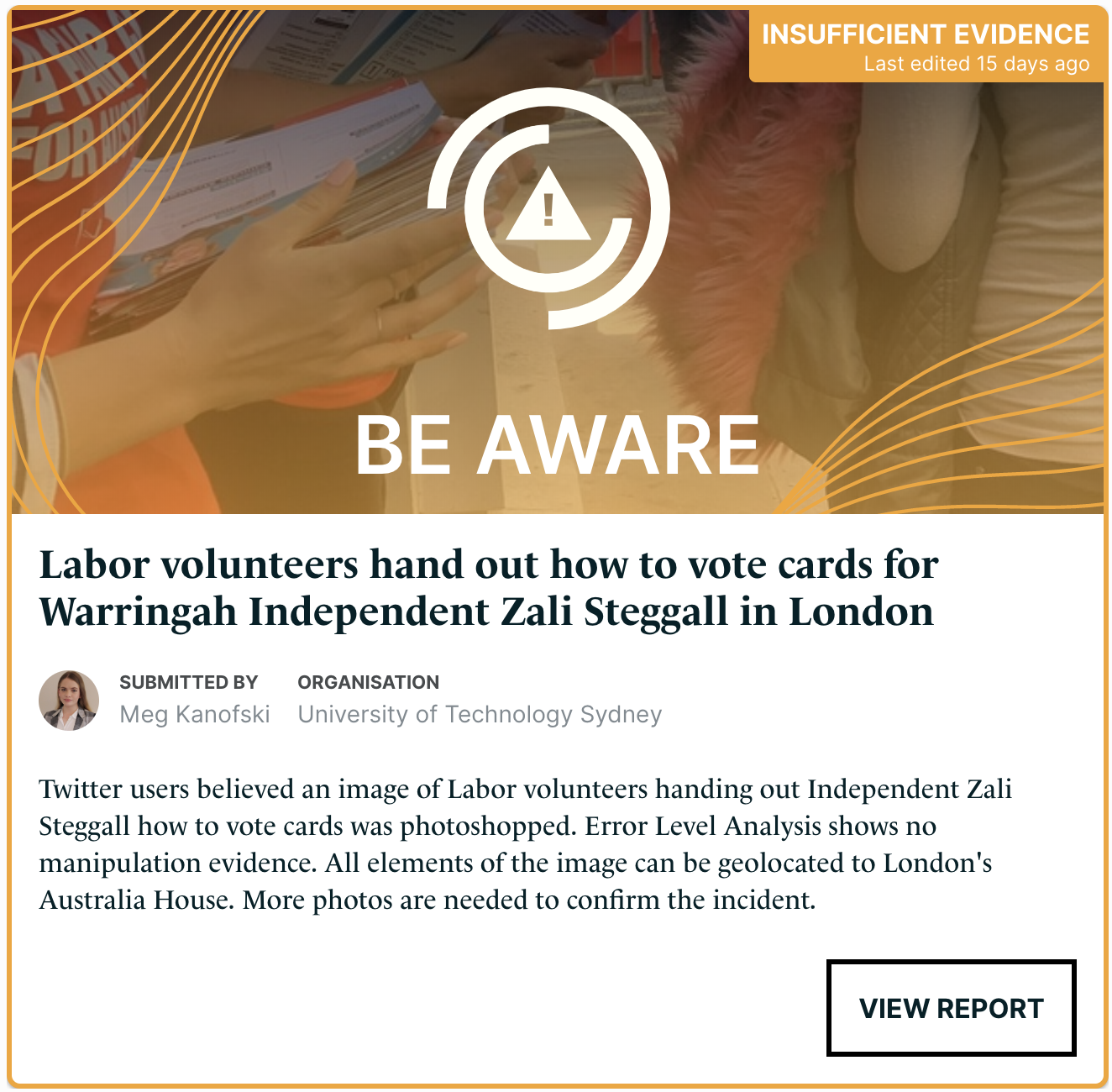 A summary card about an investigation into an image of Labor volunteers handing out cards about Independent Zali Steggall, which Twitter users speculated was photoshopped