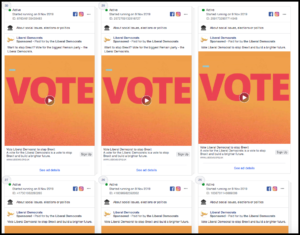 A sampling of the Lib Dems' 1,551 ads launched in the first week of the election. Screenshot by author.