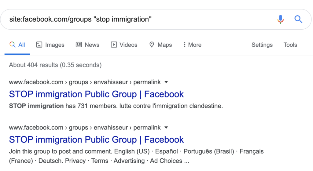 Screenshot of Google search on groups