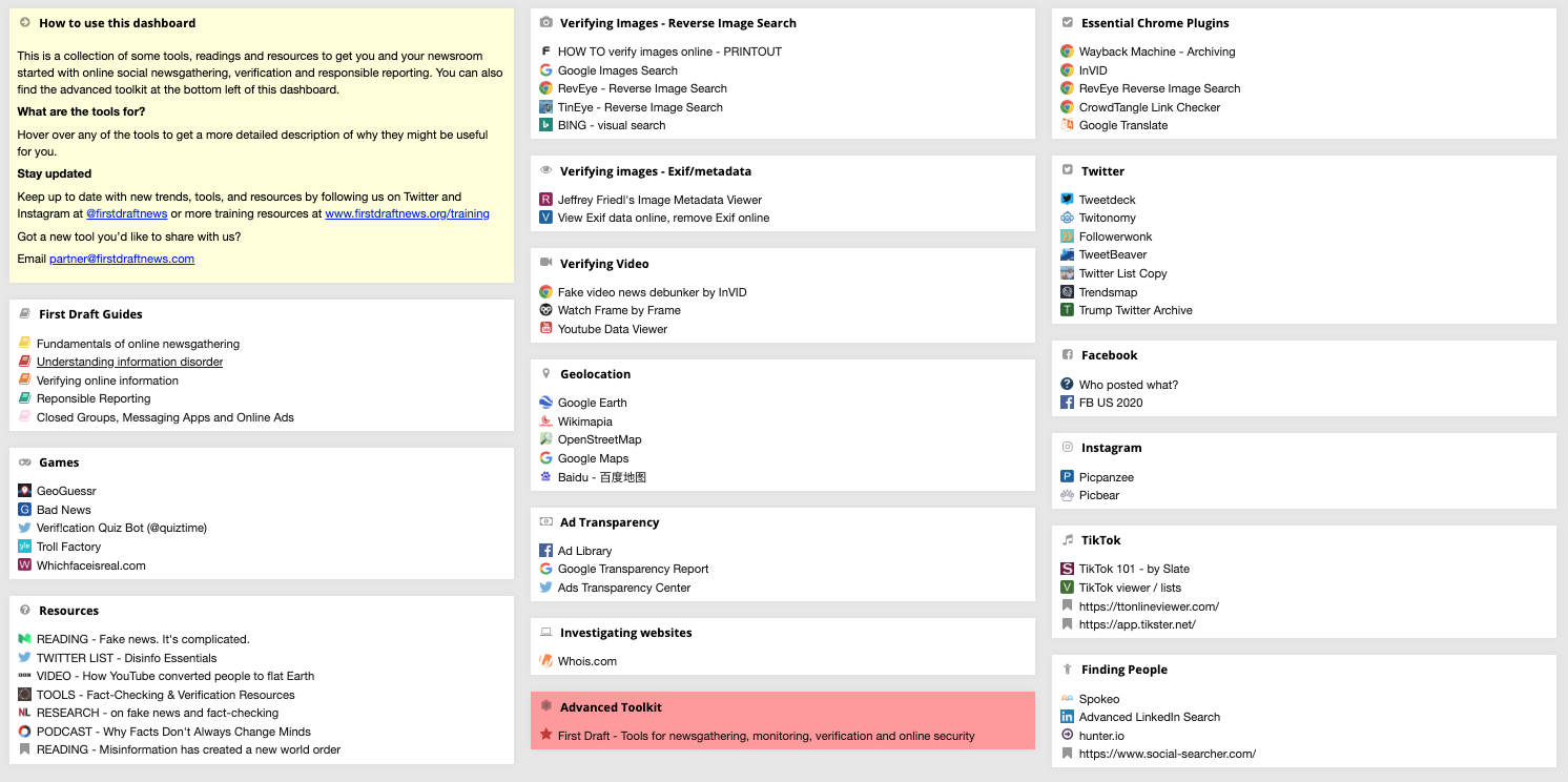 A selection of tools and links for finding, verifying and responsibly reporting on stories and content from social media