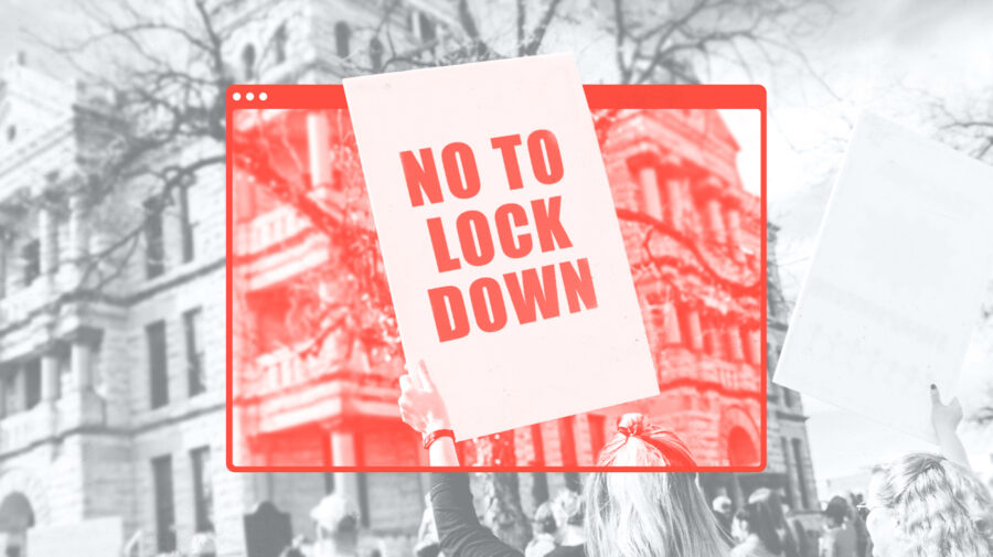 A 'No To Lockdown' protest sign is help through a superimposed image of a browser window.