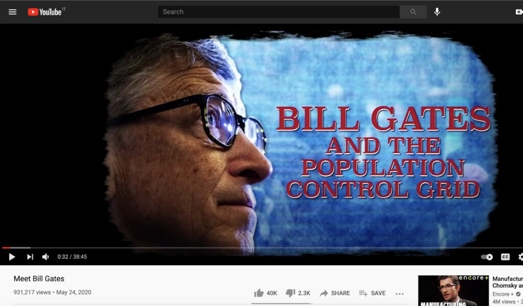 A YouTube URL referenced by 4chan users as part of the infertility conspiracy theory since April 2020. The video fed into a broader anti-Gates conspiracy theory, totalling almost a million views as of March 1, 2021. Credit: Screenshot by author