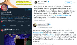 A collage of screenshots showing tweets from the Chinese government and state media targeting Australia