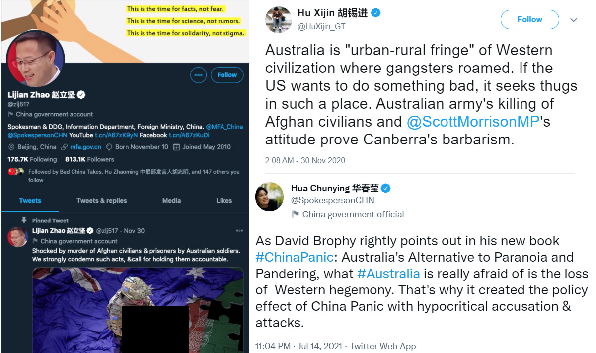 A collage of screenshots showing tweets from the Chinese government and state media targeting Australia