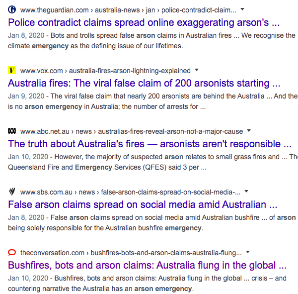 Screenshot of bushfire debunks